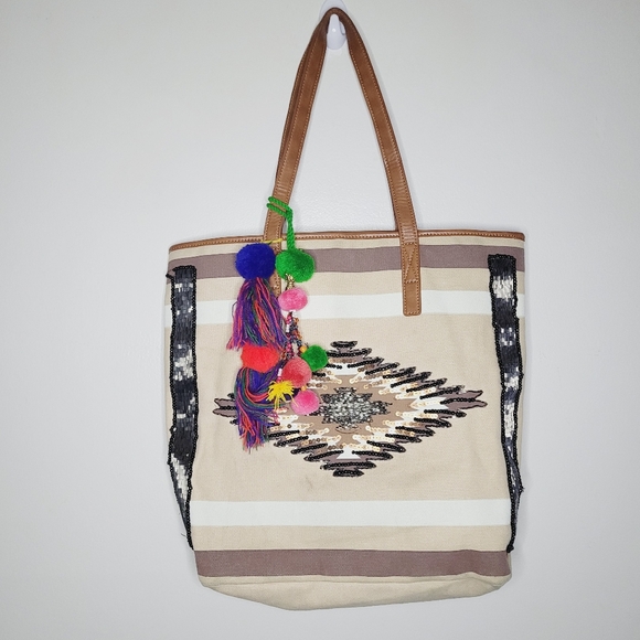 Sam Edelman Handbags - Sam Edelman Tote Bag Thea Sequin Beaded Fabric Large Boho Beach Bohemian Peasant